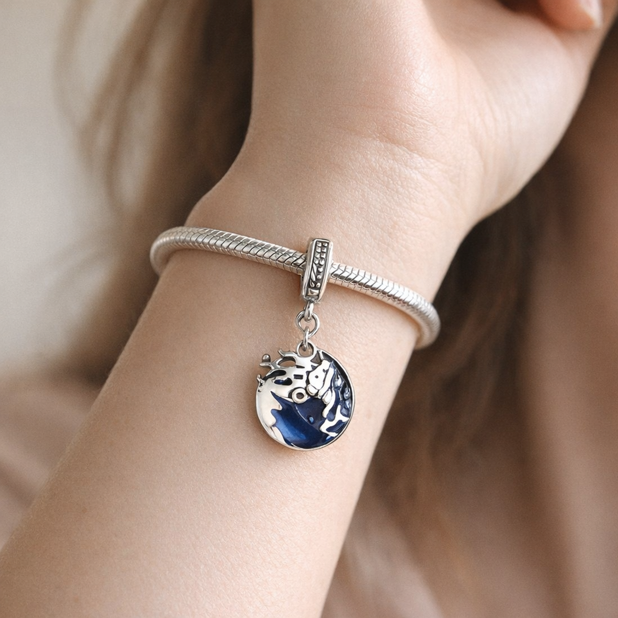 Blue Whale Tail Ocean Charm - Blue Ocean Whale Tail Dangle Charm — worn on wrist