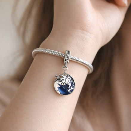 Blue Whale Tail Ocean Charm - Blue Ocean Whale Tail Dangle Charm — worn on wrist