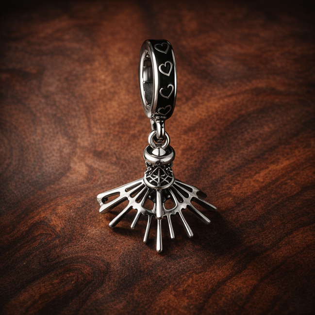 Eyelash Fan Charm - Silver Eye Fan Dangle Charm — display on walnut