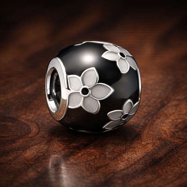 Black White Flower Bead - Black and White Floral Bead Charm — display on walnut
