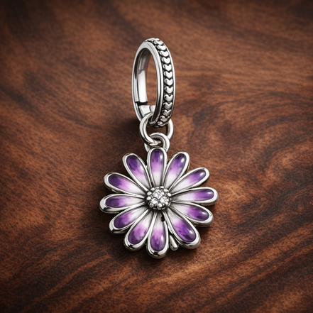 Purple Daisy Dangle - Purple Daisy Dangle Charm — display on walnut