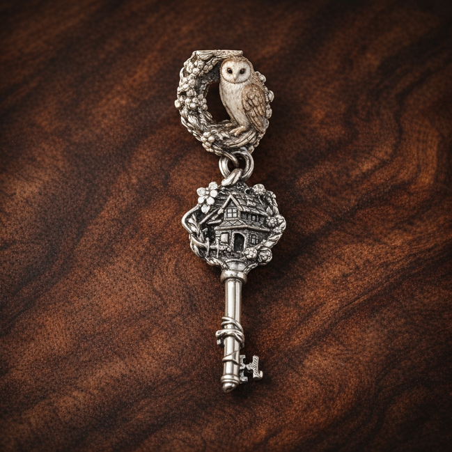 Blush Rose Key Charm - Blush Rose Key Dangle Charm — display on walnut