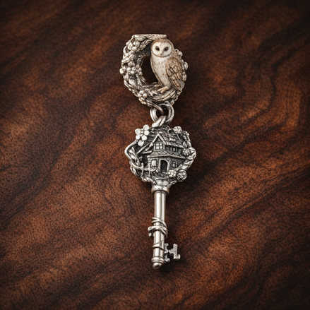 Blush Rose Key Charm - Blush Rose Key Dangle Charm — display on walnut