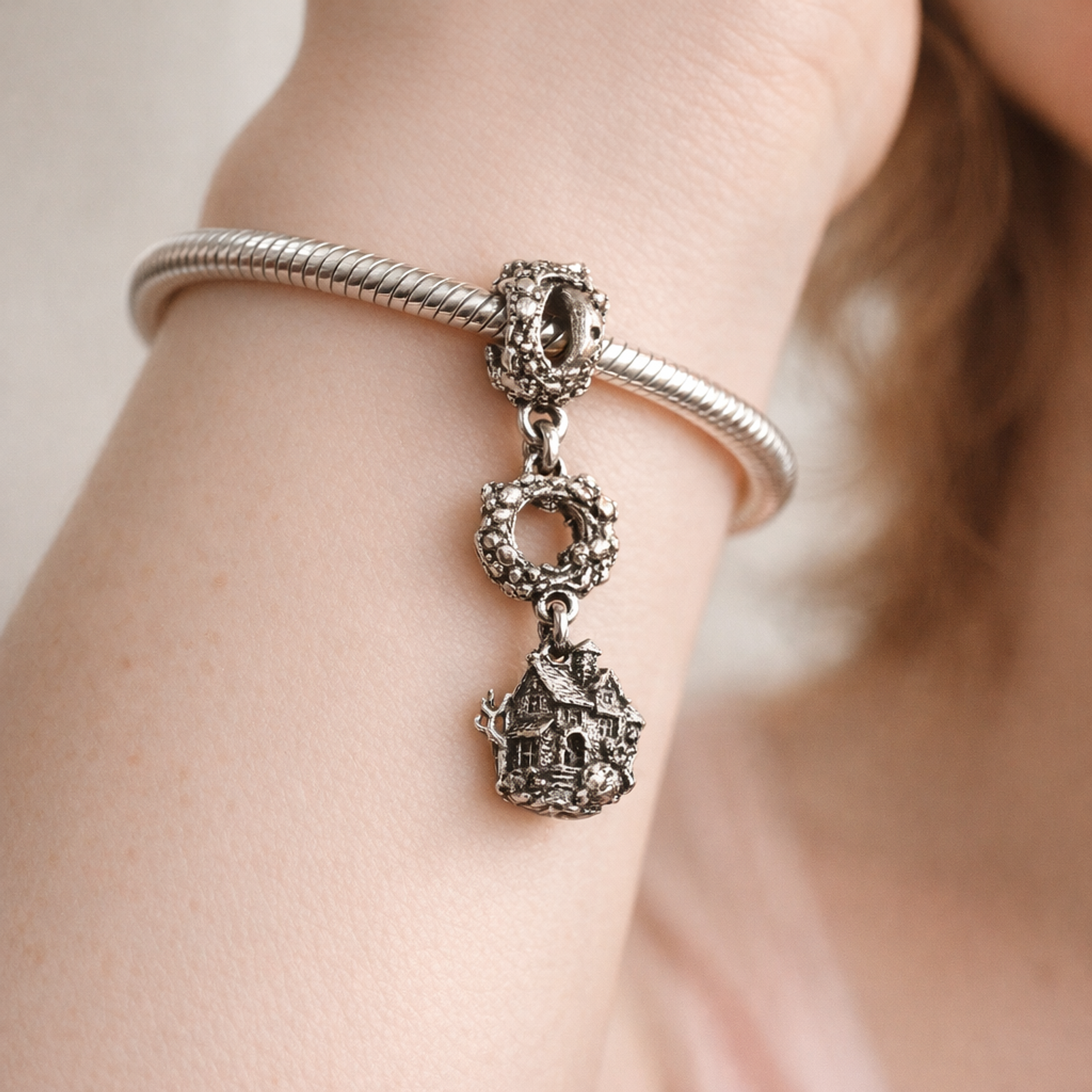 Blush Rose Key Charm - Blush Rose Key Dangle Charm — worn on wrist
