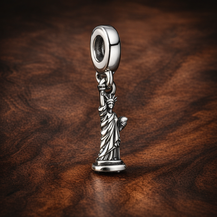 New York Statue of Liberty Dangle Charm — display on walnut