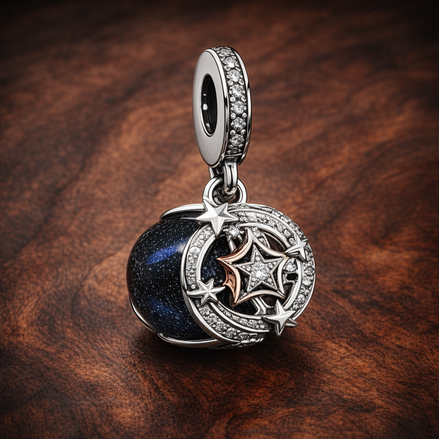 Two-tone Shooting Star Double Dangle Charm — display on walnut