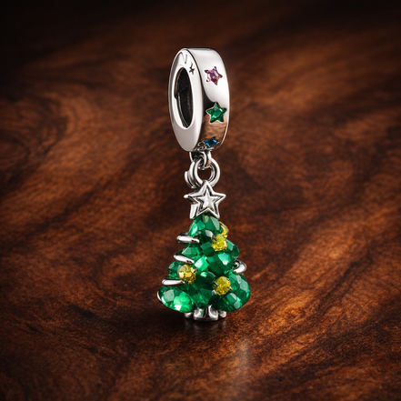 Sparkling Christmas Tree Dangle Charm — display on walnut