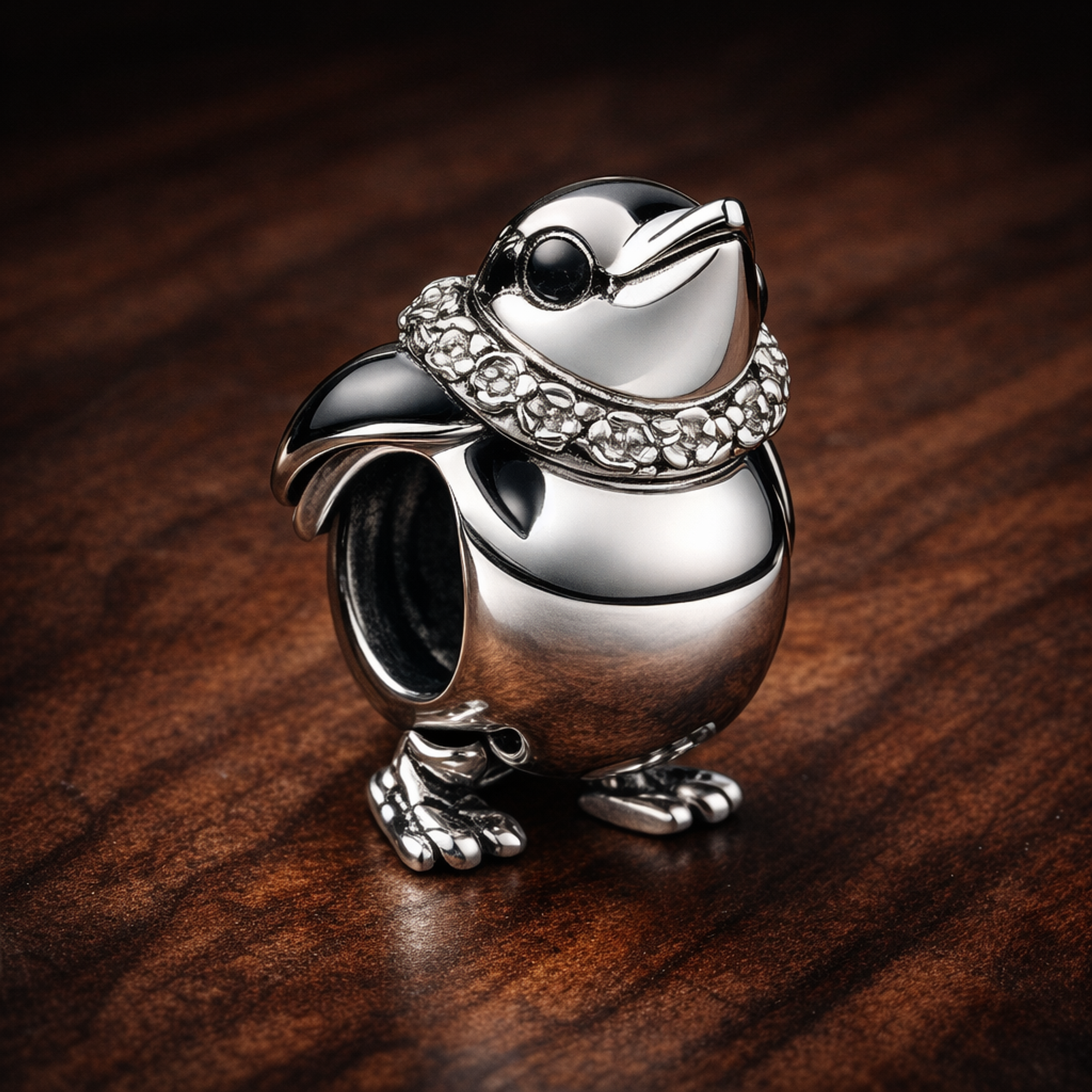 Skiing Penguin Charm - ZZ1552_2 — display on walnut
