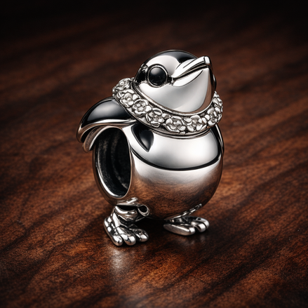 Skiing Penguin Charm - ZZ1552_2 — display on walnut