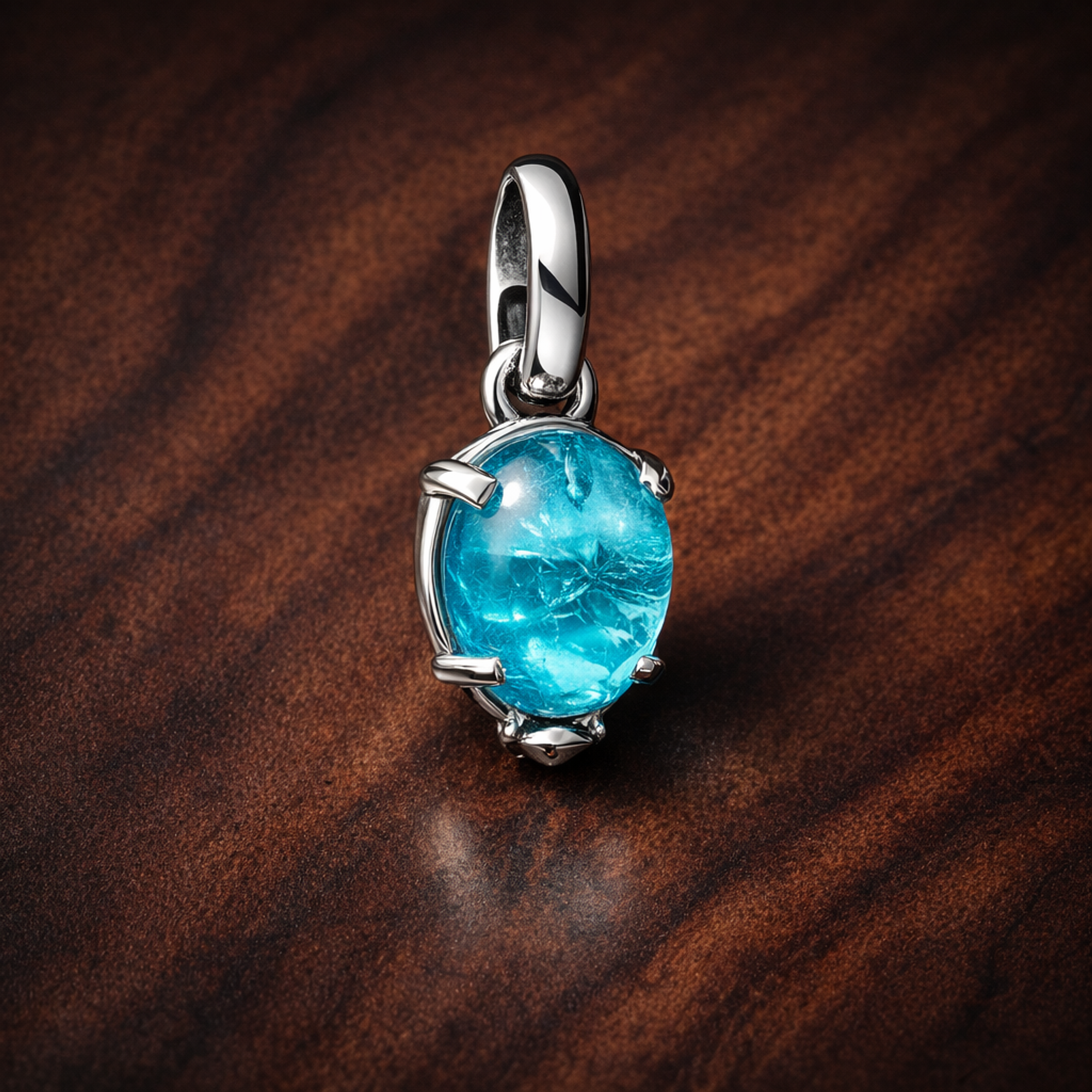 Blue Murano Glass Balloon Dangle Charm — display on walnut