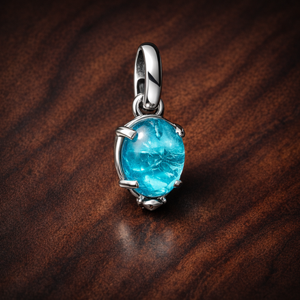 Blue Murano Glass Balloon Dangle Charm — display on walnut