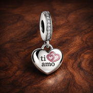 Ti Amo Heart Charm - Ti Amo Double Heart Charm — display on walnut