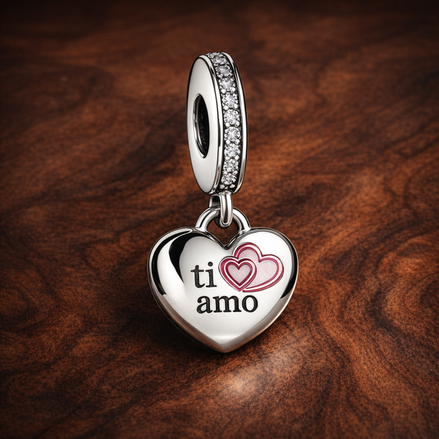 Ti Amo Heart Charm - Ti Amo Double Heart Charm — display on walnut