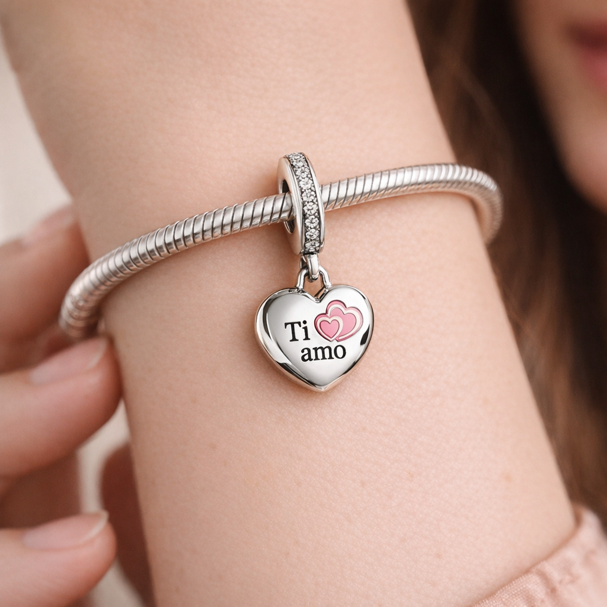 Ti Amo Heart Charm - Ti Amo Double Heart Charm — worn on wrist