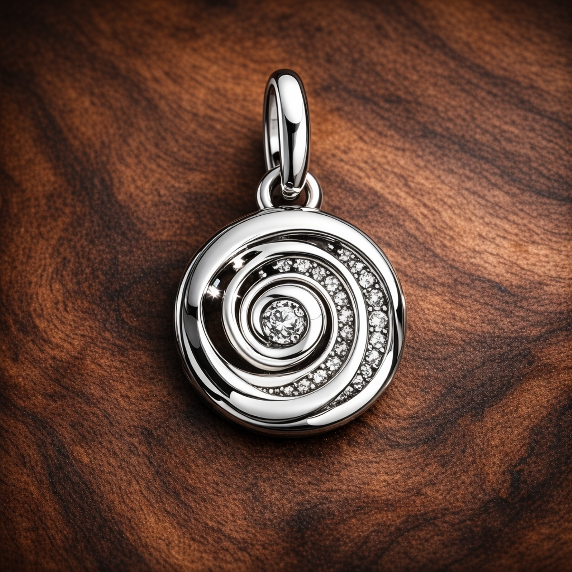 Silver Spiral Charm - Silver Spiral Galaxy Dangle Charm — display on walnut
