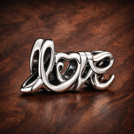 Love Script Charm - Silver Love Script Charm — display on walnut