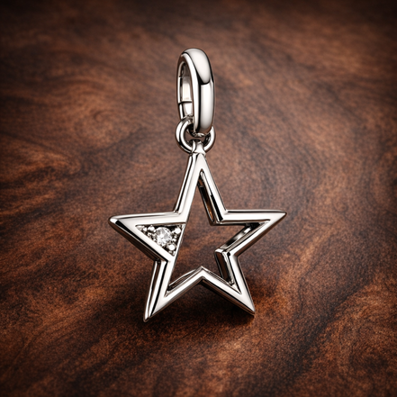 Pandora ME Sparkling Star Medallion Charm — display on walnut