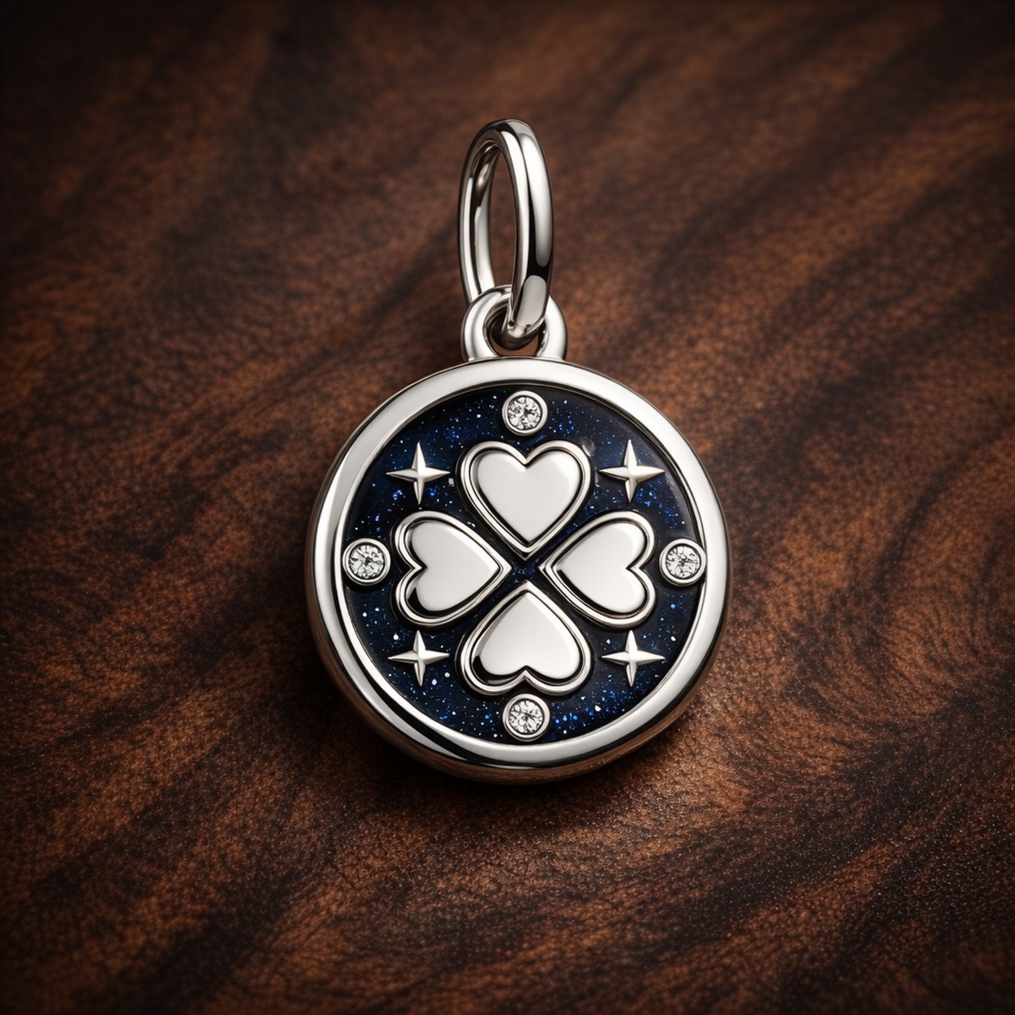 Navy Clover Night Charm - Navy Four-Leaf Clover Moon Charm — display on walnut