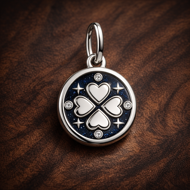 Navy Clover Night Charm - Navy Four-Leaf Clover Moon Charm — display on walnut