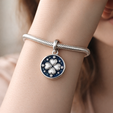 Navy Clover Night Charm - Navy Four-Leaf Clover Moon Charm — worn on wrist