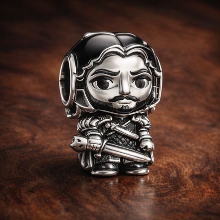 Game of Thrones Jon Snow Charm — display on walnut