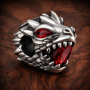 Red-Eyed Dragon Head - Red-Eyed Dragon Head Charm — display on walnut