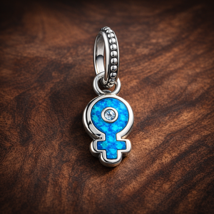 Female Symbol Evil Eye Charm - Blue Evil Eye Female Symbol Charm — display on walnut