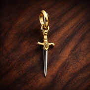 Gold Plated Sword Charm - Gold Plated Sword Dangle Charm — display on walnut