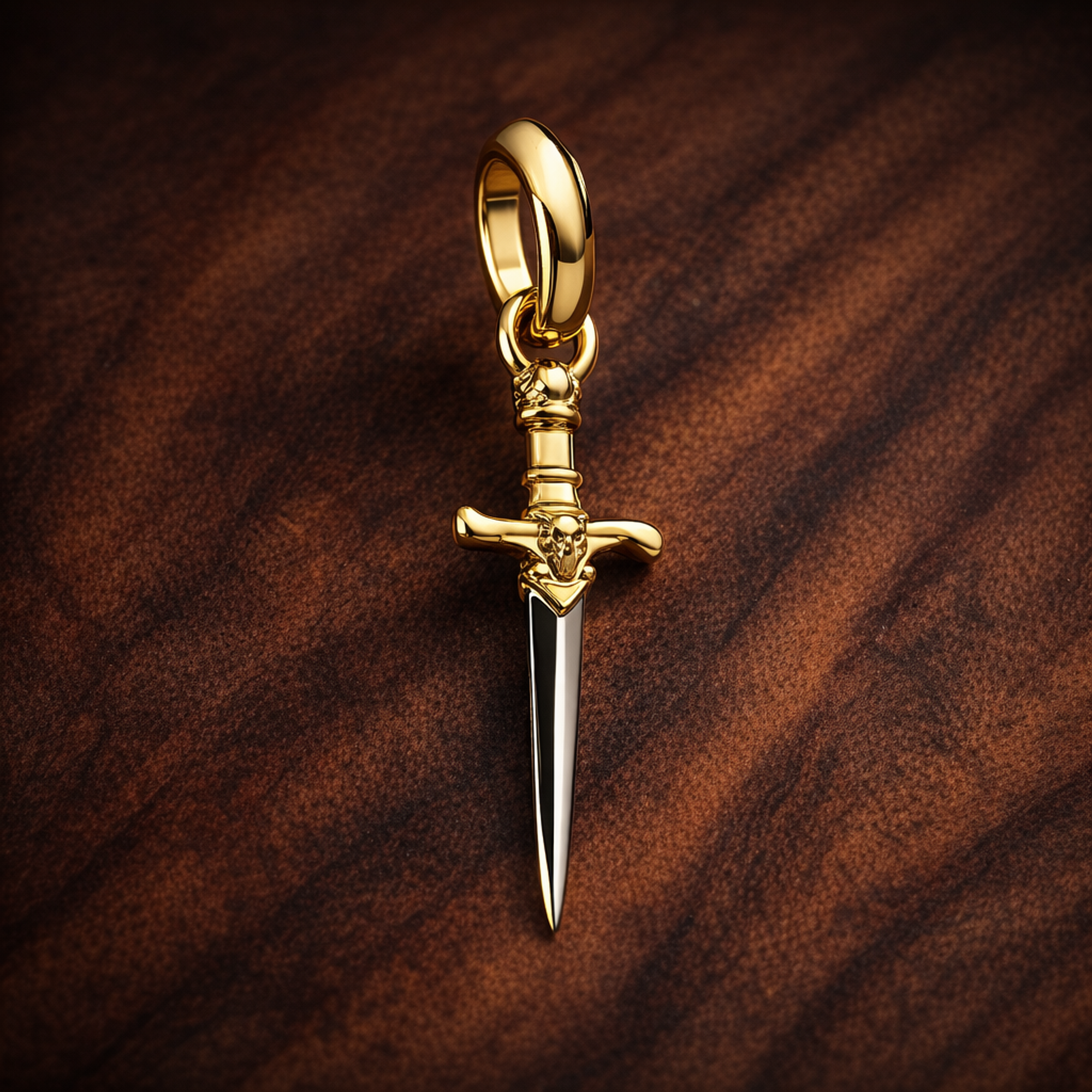 Gold Plated Sword Charm - Gold Plated Sword Dangle Charm — display on walnut