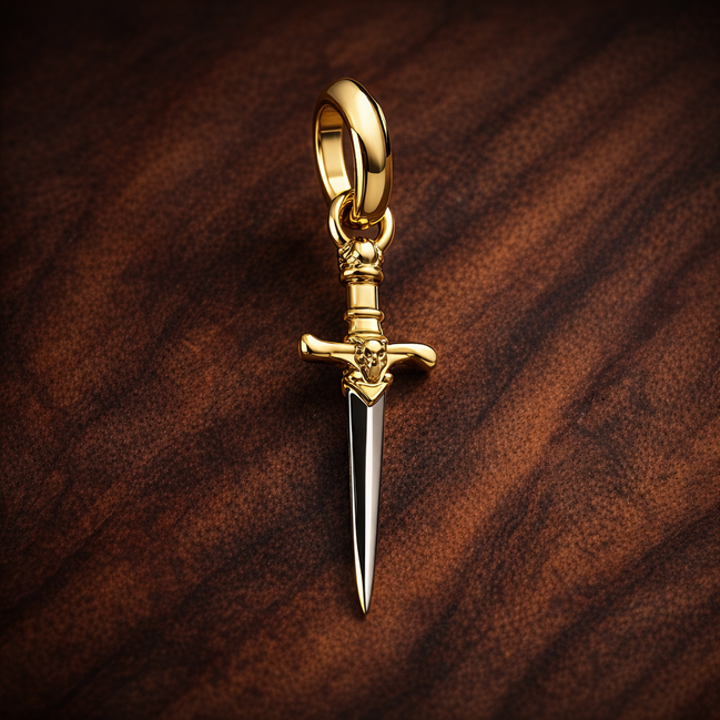 Gold Plated Sword Charm - Gold Plated Sword Dangle Charm — display on walnut