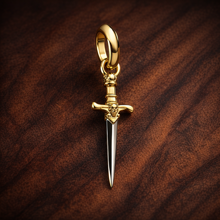 Gold Plated Sword Charm - Gold Plated Sword Dangle Charm — display on walnut