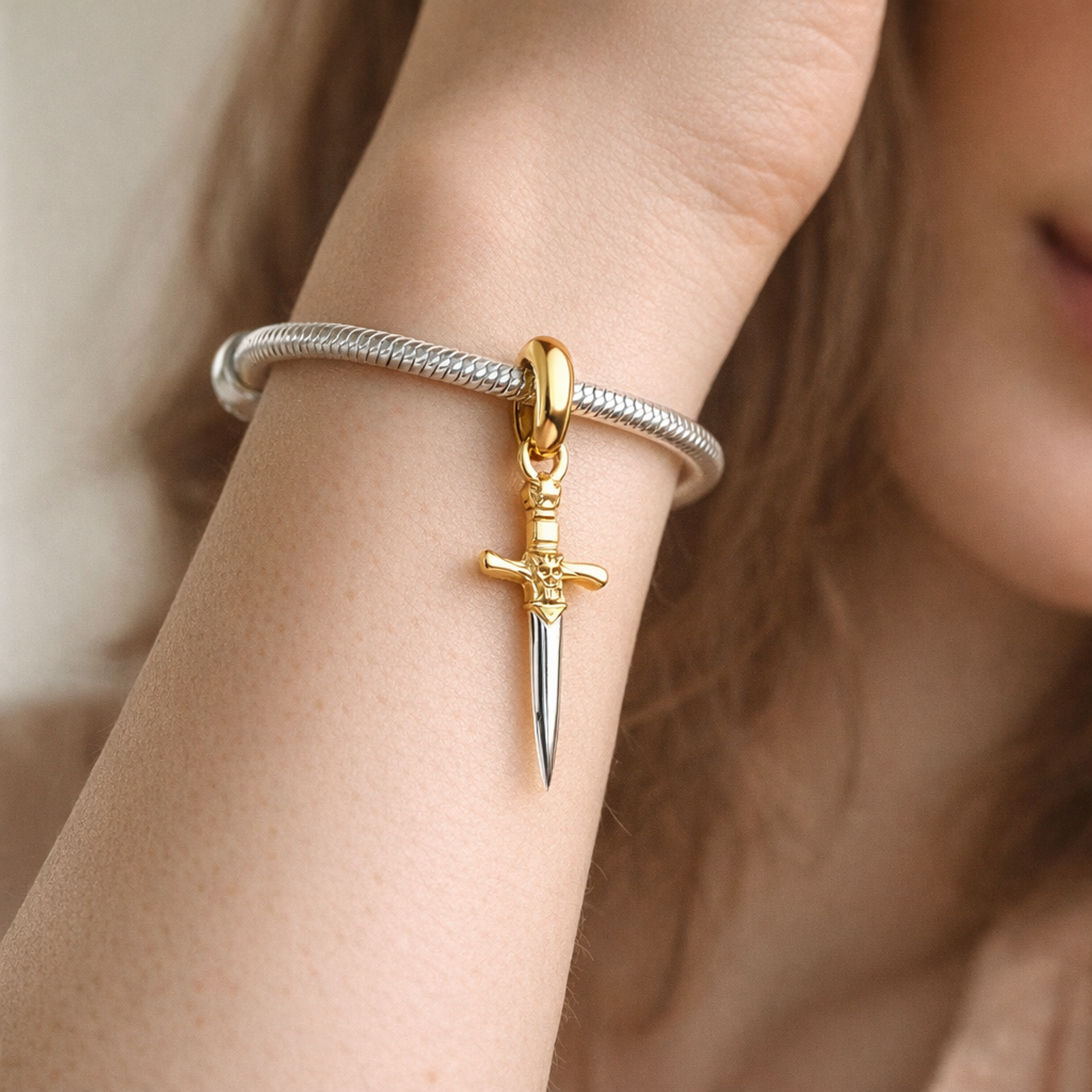 Gold Plated Sword Charm - Gold Plated Sword Dangle Charm — worn on wrist