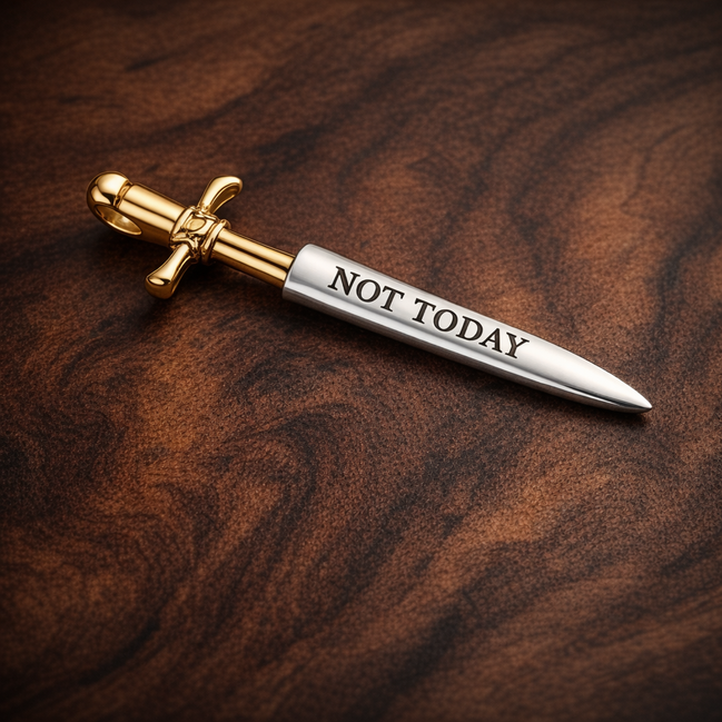 Not Today Sword Charm - Not Today Sword Dangle Charm — display on walnut