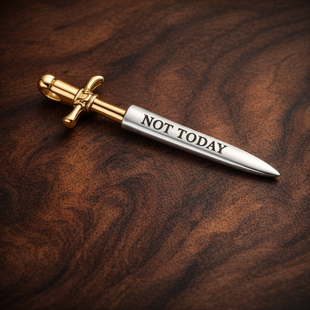 Not Today Sword Charm - Not Today Sword Dangle Charm — display on walnut