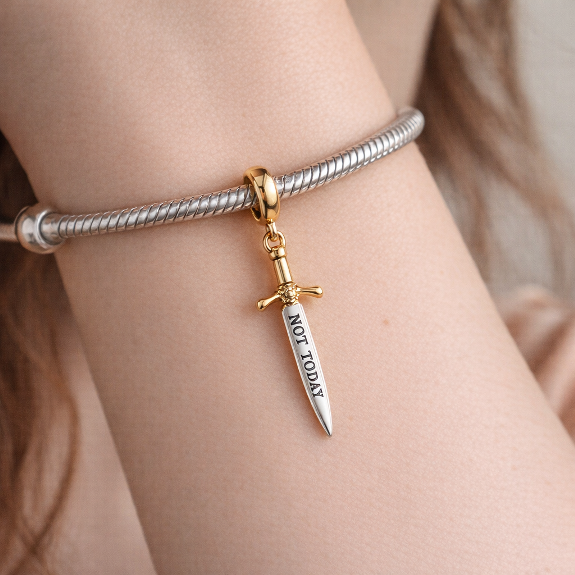 Not Today Sword Charm - Not Today Sword Dangle Charm — worn on wrist