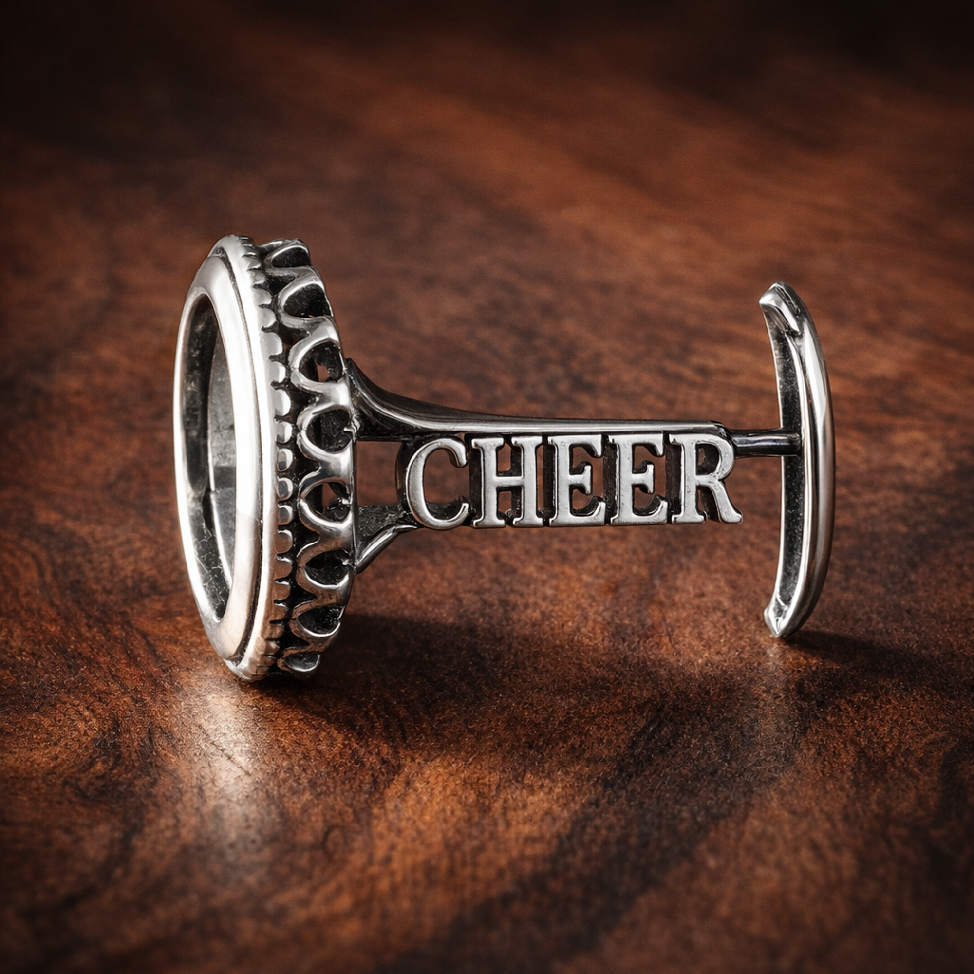 Cheer Megaphone Charm - Silver Cheer Megaphone Charm — display on walnut