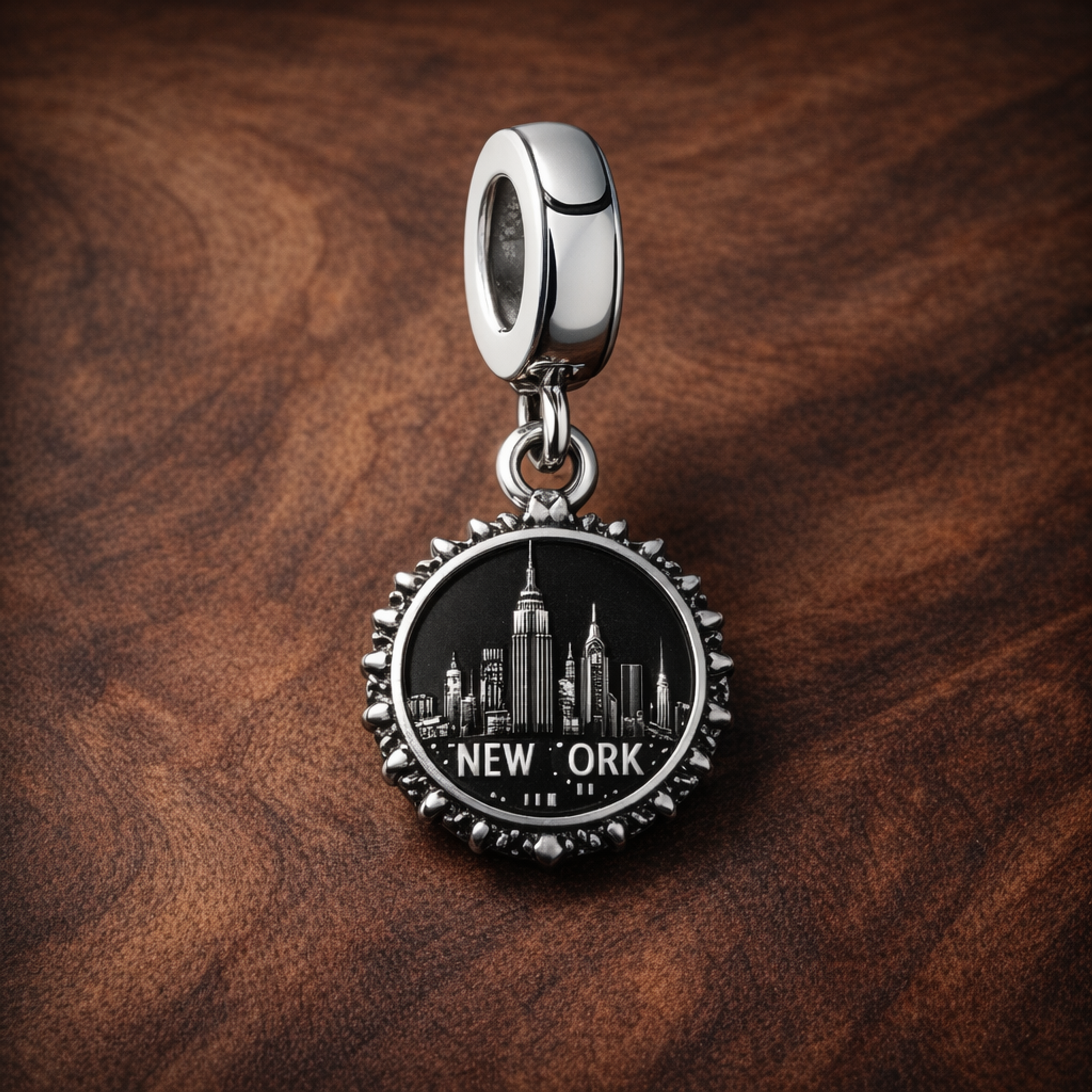 New York Skyline Apple Charm - New York Skyline Apple Charm — display on walnut
