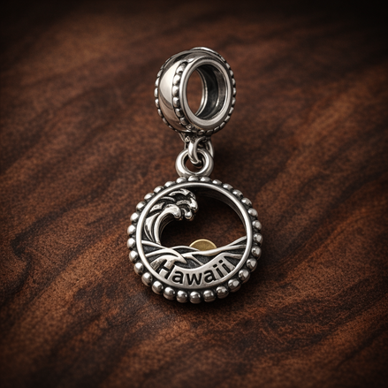 Tropical Hawaii Dangle Charm — display on walnut