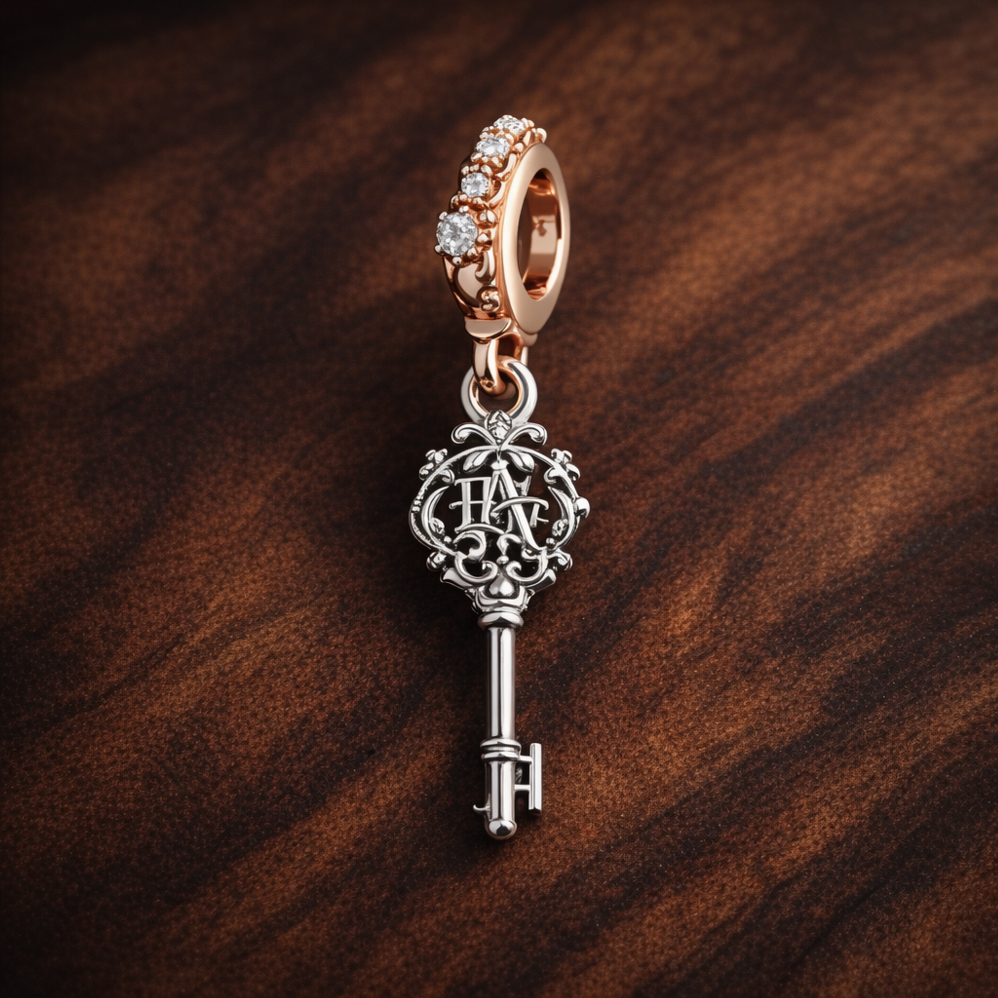 Storybook Key and Balloon Charm - Storybook Key and Balloon Charm — display on walnut