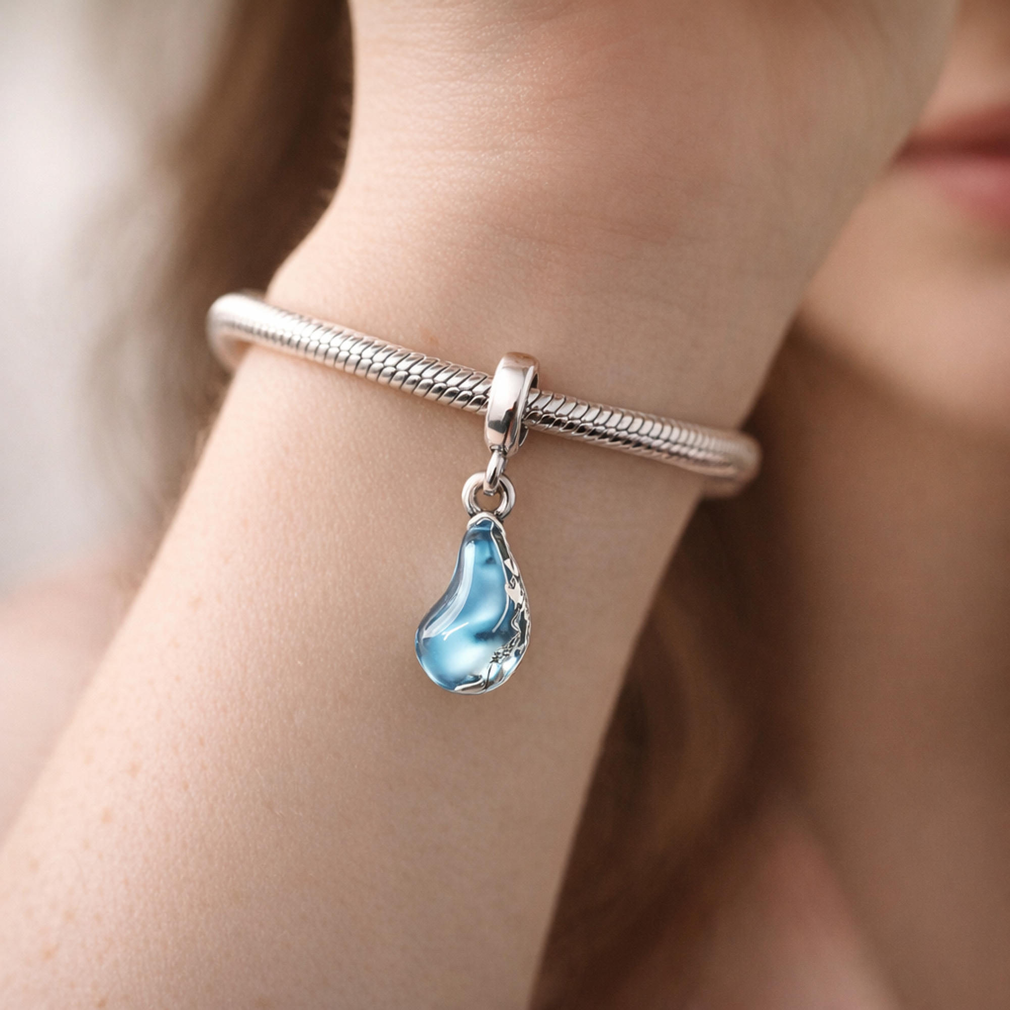 Blue Glass Slipper Trio Charm - Blue Glass Slipper Trio Charm — worn on wrist