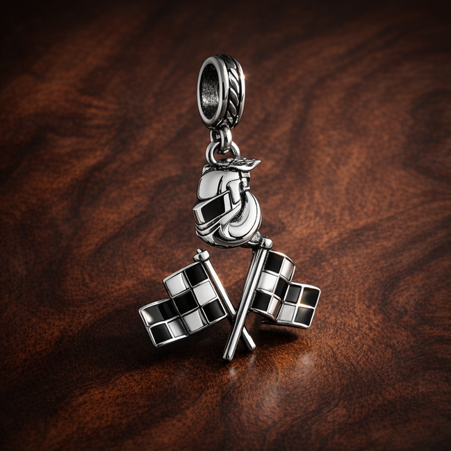 Checkered Race Flag - Checkered Race Flag Charm — display on walnut