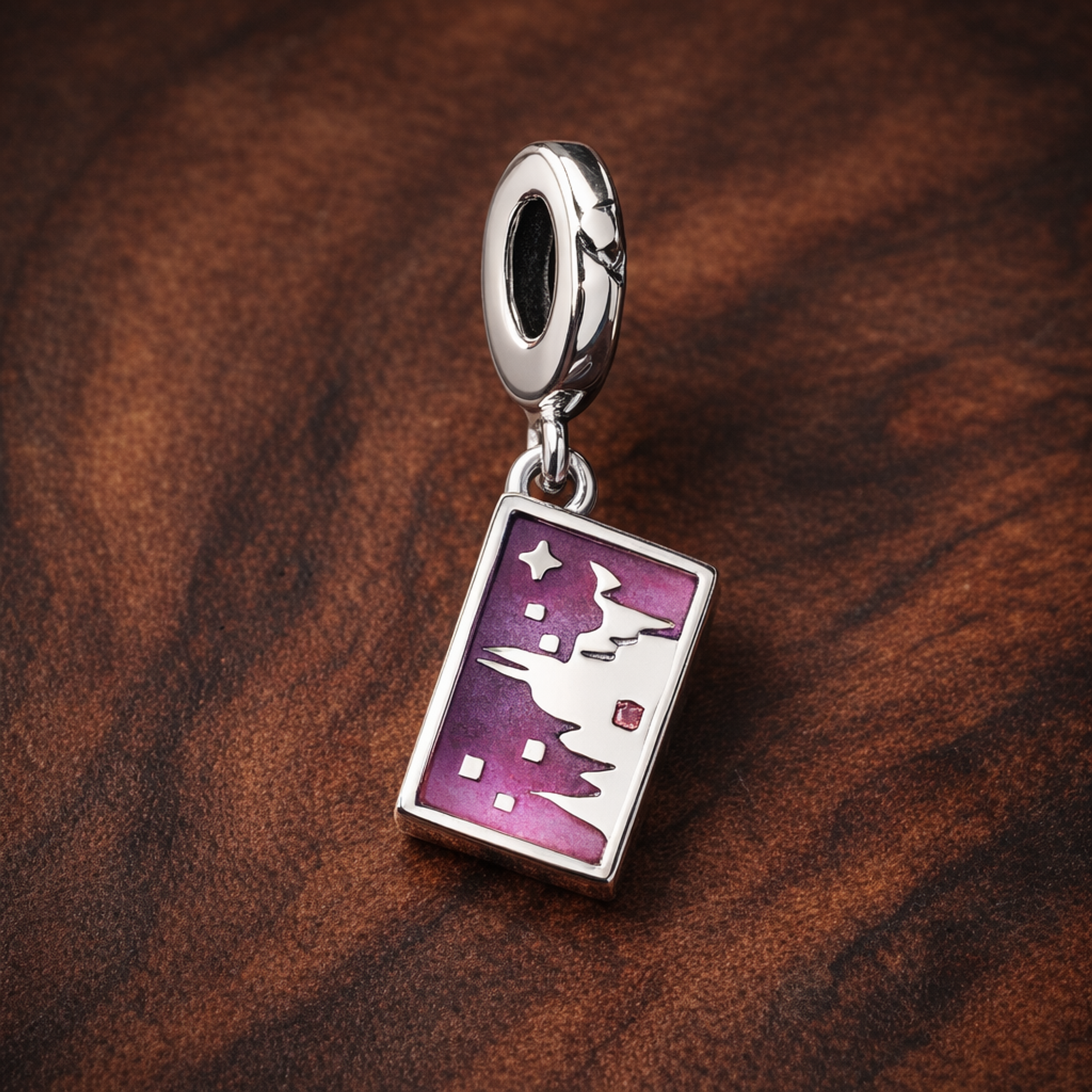 Purple Ticket Dangle Charm - Purple Ticket Dangle Charm — display on walnut