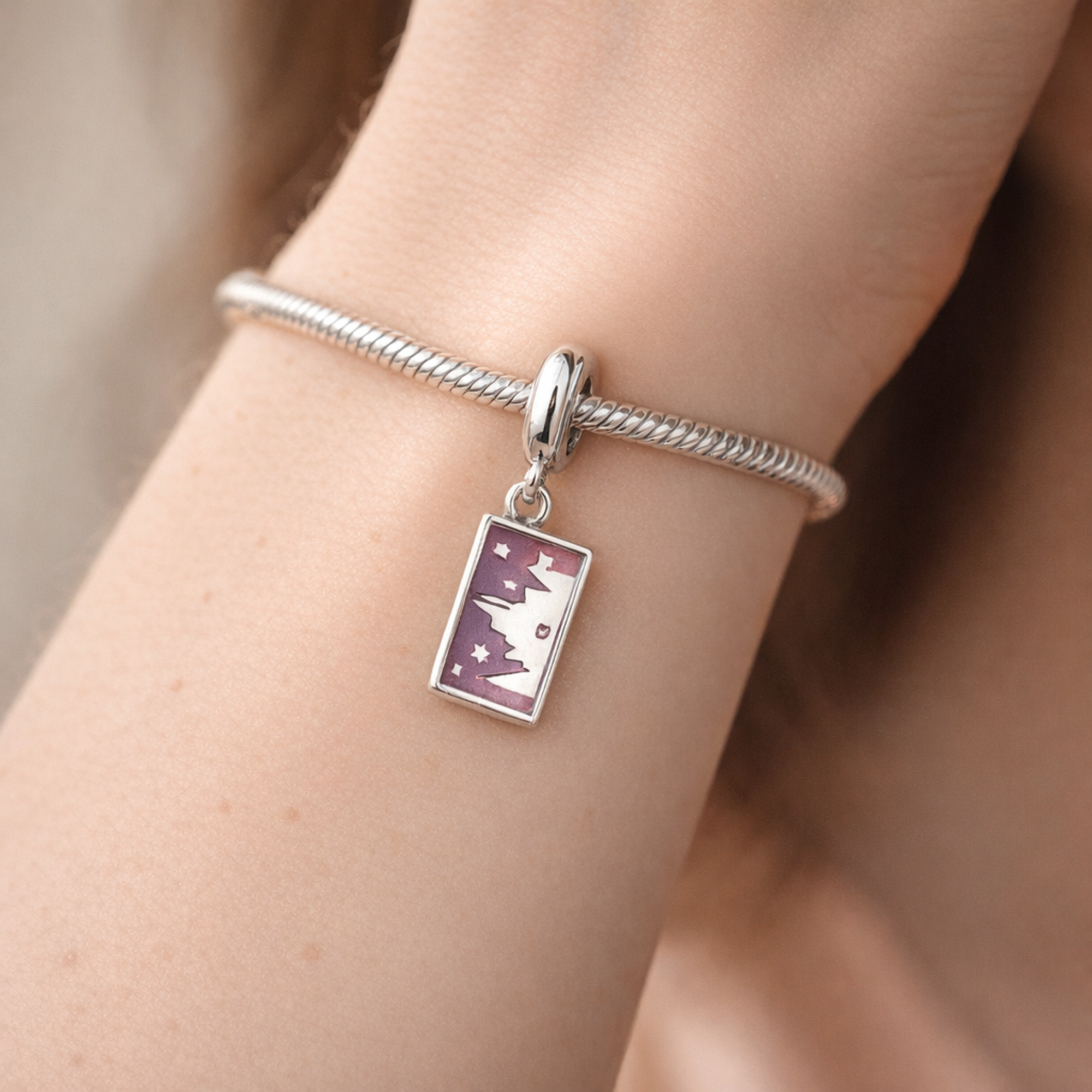 Purple Ticket Dangle Charm - Purple Ticket Dangle Charm — worn on wrist