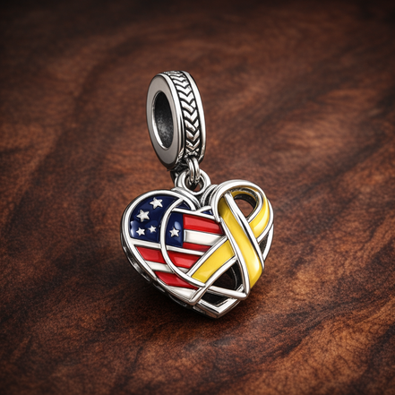 USA and UK Flag Heart Charm - USA and UK Flag Heart Charm — display on walnut