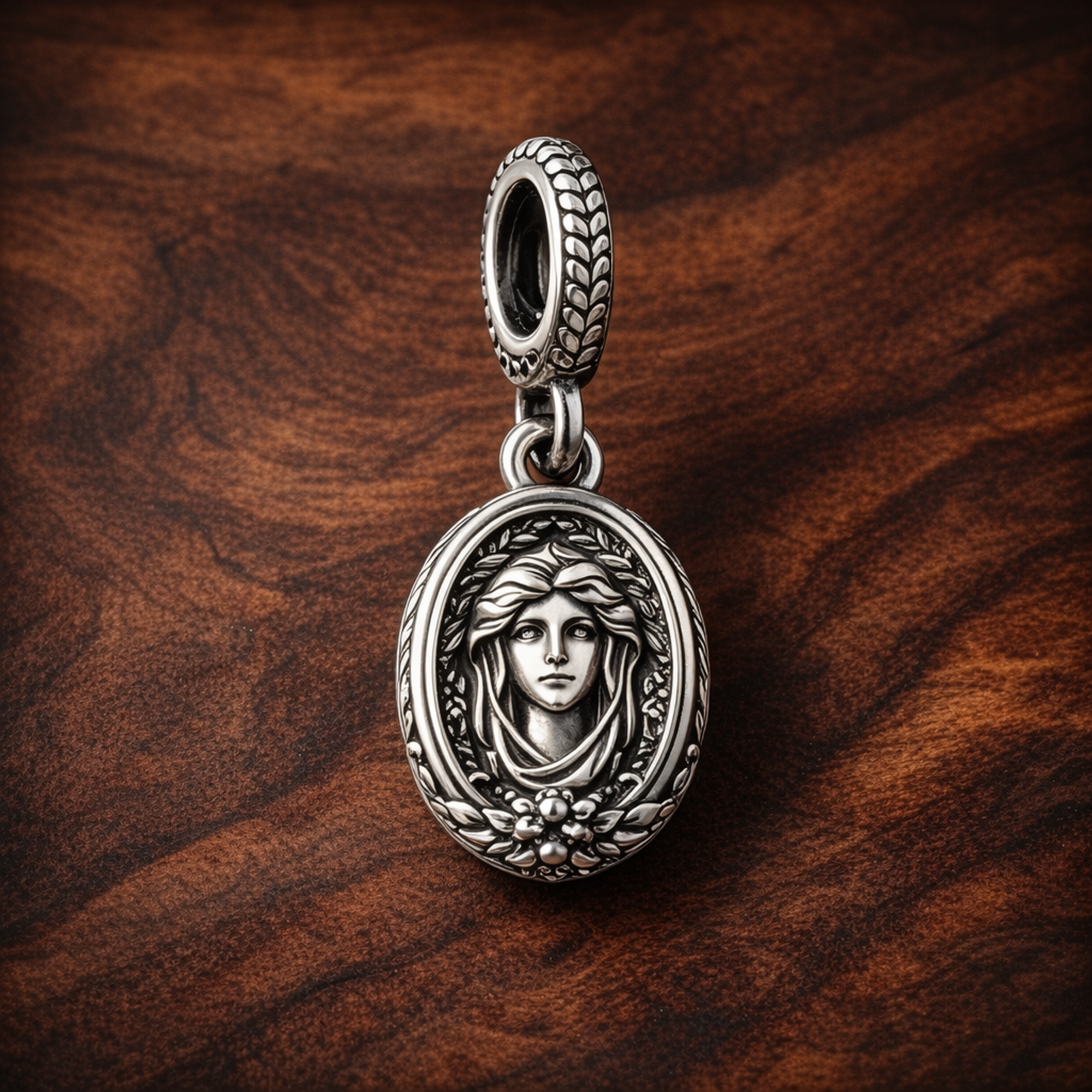 Classical Cameo Medallion Charm - Classical Cameo Medallion Charm — display on walnut