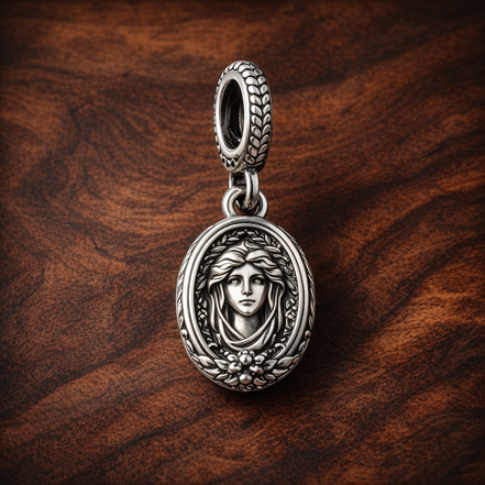 Classical Cameo Medallion Charm - Classical Cameo Medallion Charm — display on walnut