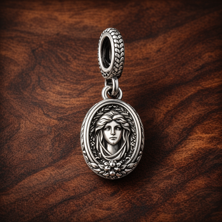 Classical Cameo Medallion Charm - Classical Cameo Medallion Charm — display on walnut