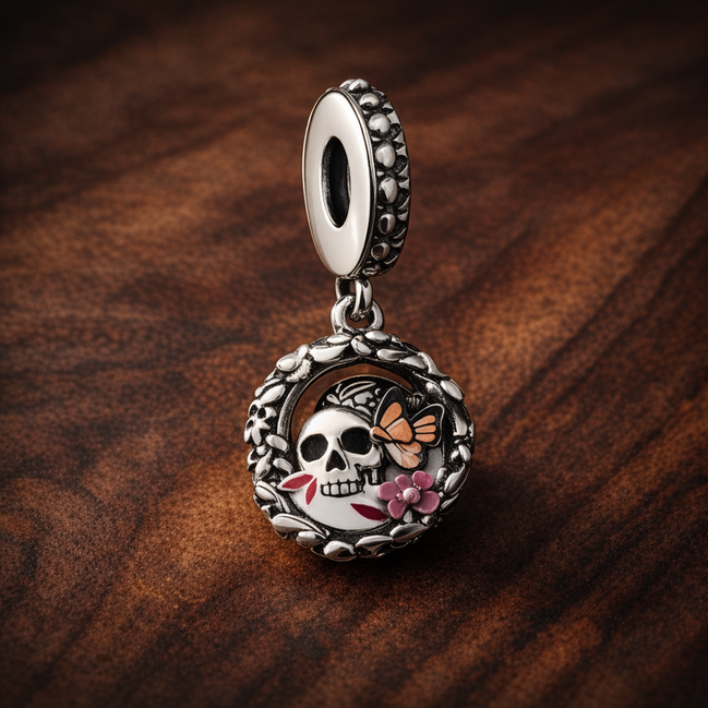 Sugar Skull Floral Charm - Sugar Skull Floral Charm — display on walnut