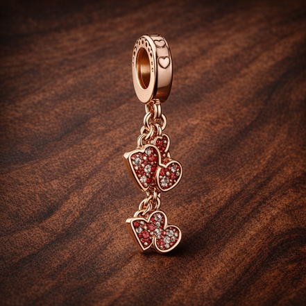Rose Gold Plated Heart Key Charm - Rose Gold Plated Heart Key Charm — display on walnut