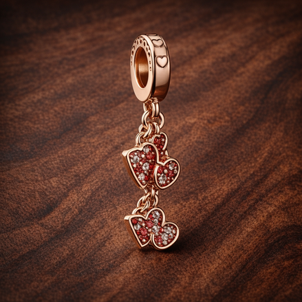 Rose Gold Plated Heart Key Charm - Rose Gold Plated Heart Key Charm — display on walnut
